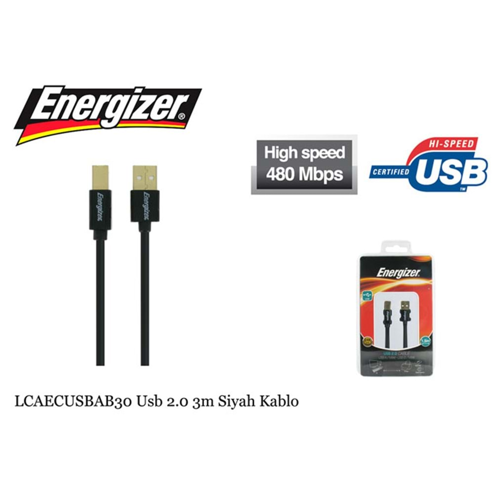 Energizer LCAECUSBAB30 Usb 2.0 3m Siyah Kablo