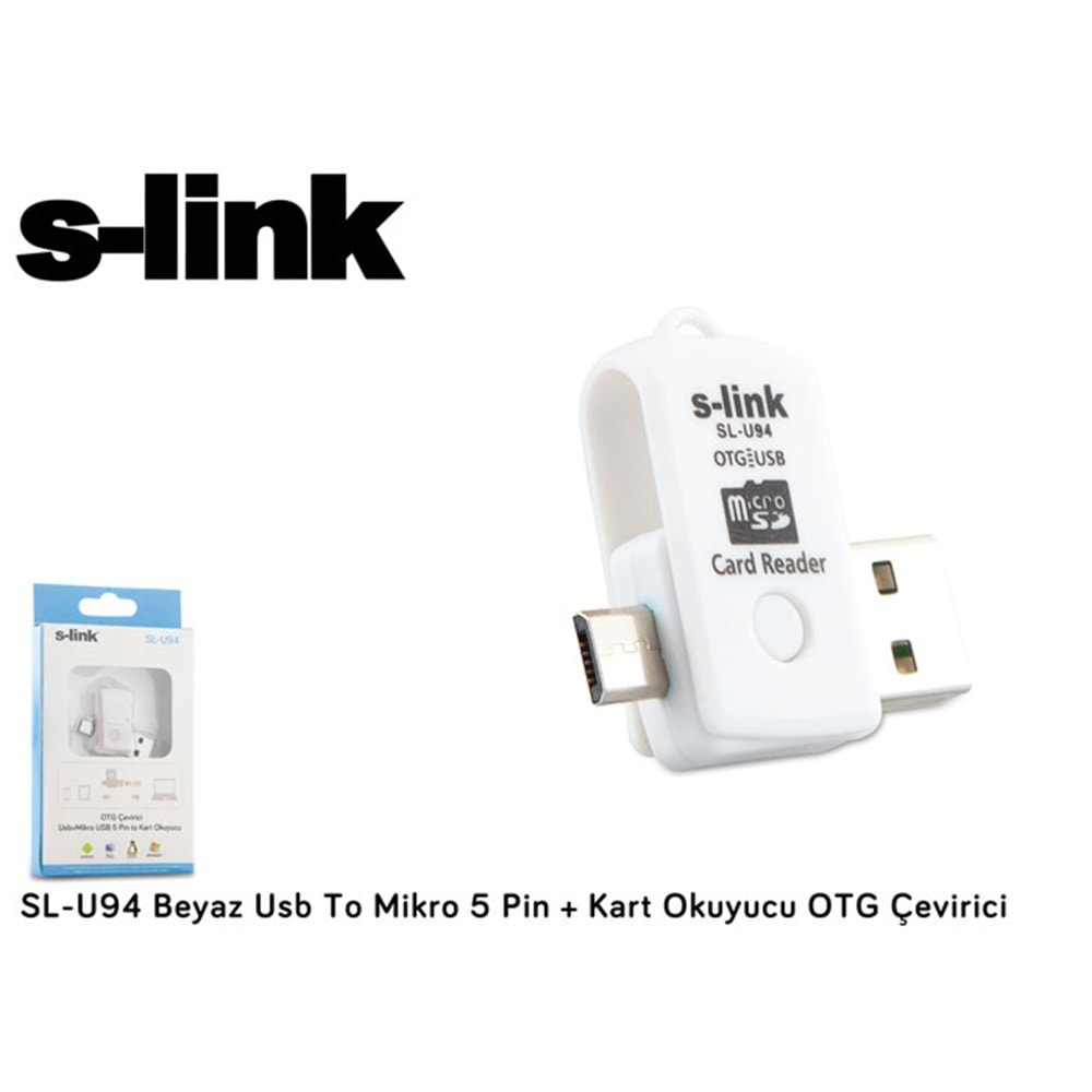 S-link SL-U94 Beyaz Usb To Mikro 5 Pin + Kart Okuyucu OTG Çevirici