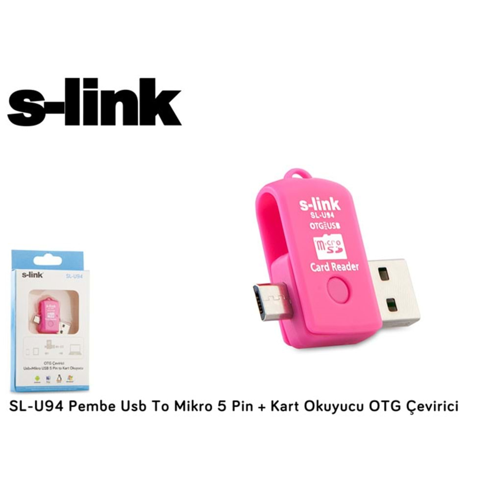 S-link SL-U94 Pembe Usb To Mikro 5 Pin + Kart Okuyucu OTG Çevirici