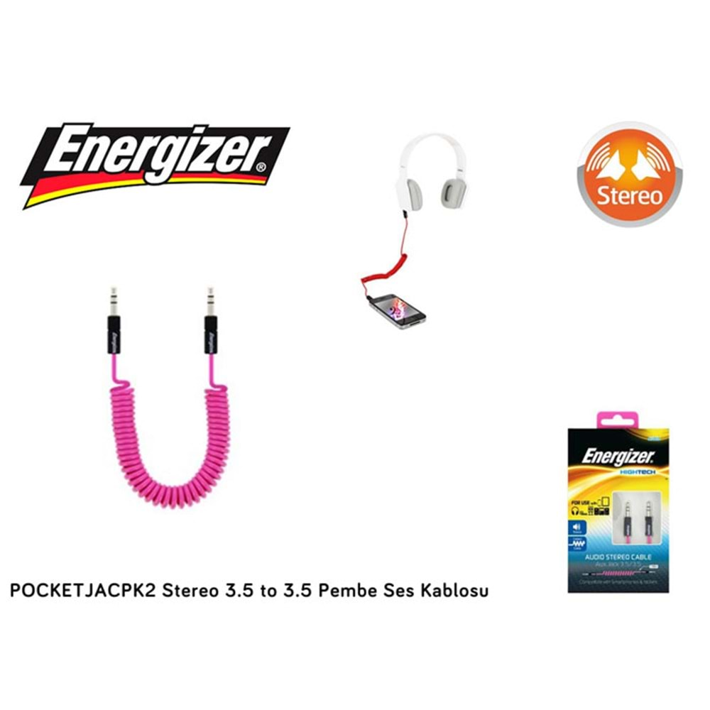 Energizer POCKETJACPK2 Stereo 3.5 to 3.5 Pembe Ses Kablosu