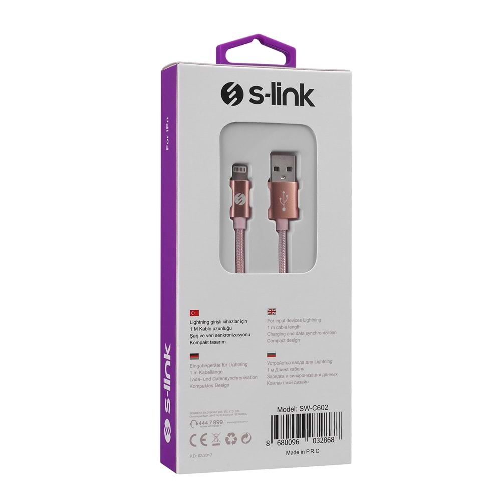 S-link Swapp SW-C602 2A iPhone Lightning 1m Rose Gold Lightning Data + Sarj Kablosu