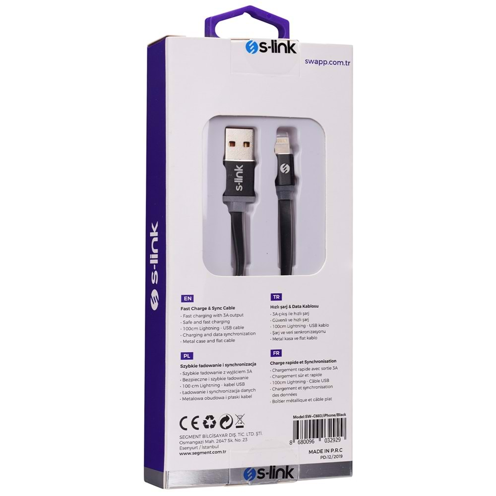 S-link Swapp SW-C603 1m 2A iPhone Lightning Siyah Şarj Kablosu