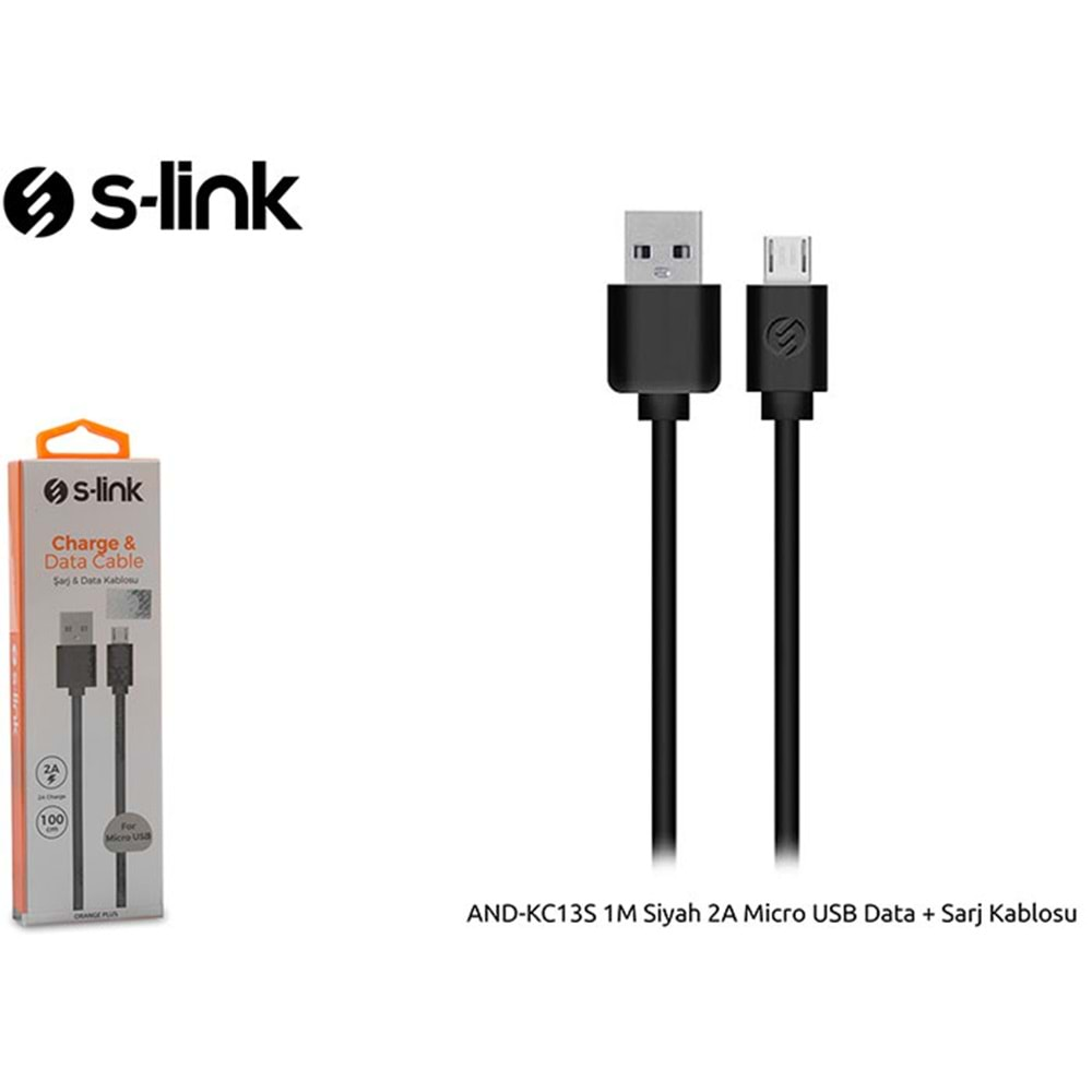 S-link AND-KC13S 1M Siyah 2A Micro USB Data + Sarj Kablosu