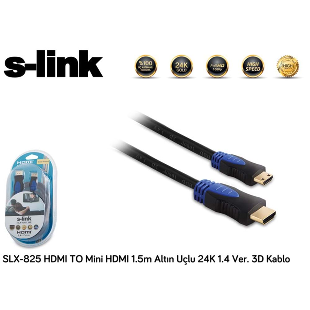 S-link SLX-825 HDMI TO Mini HDMI 1.5m Altın Uçlu 24K 1.4 Ver. 3D Kablo