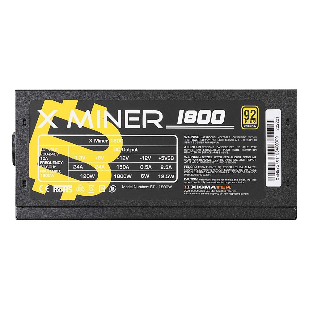 Xigmatek BT-1800W EN9757 X Miner 1800W 92 PLUS 16*PCIe VGA Soket 14cm Fanlı Bitcoin Power Supply