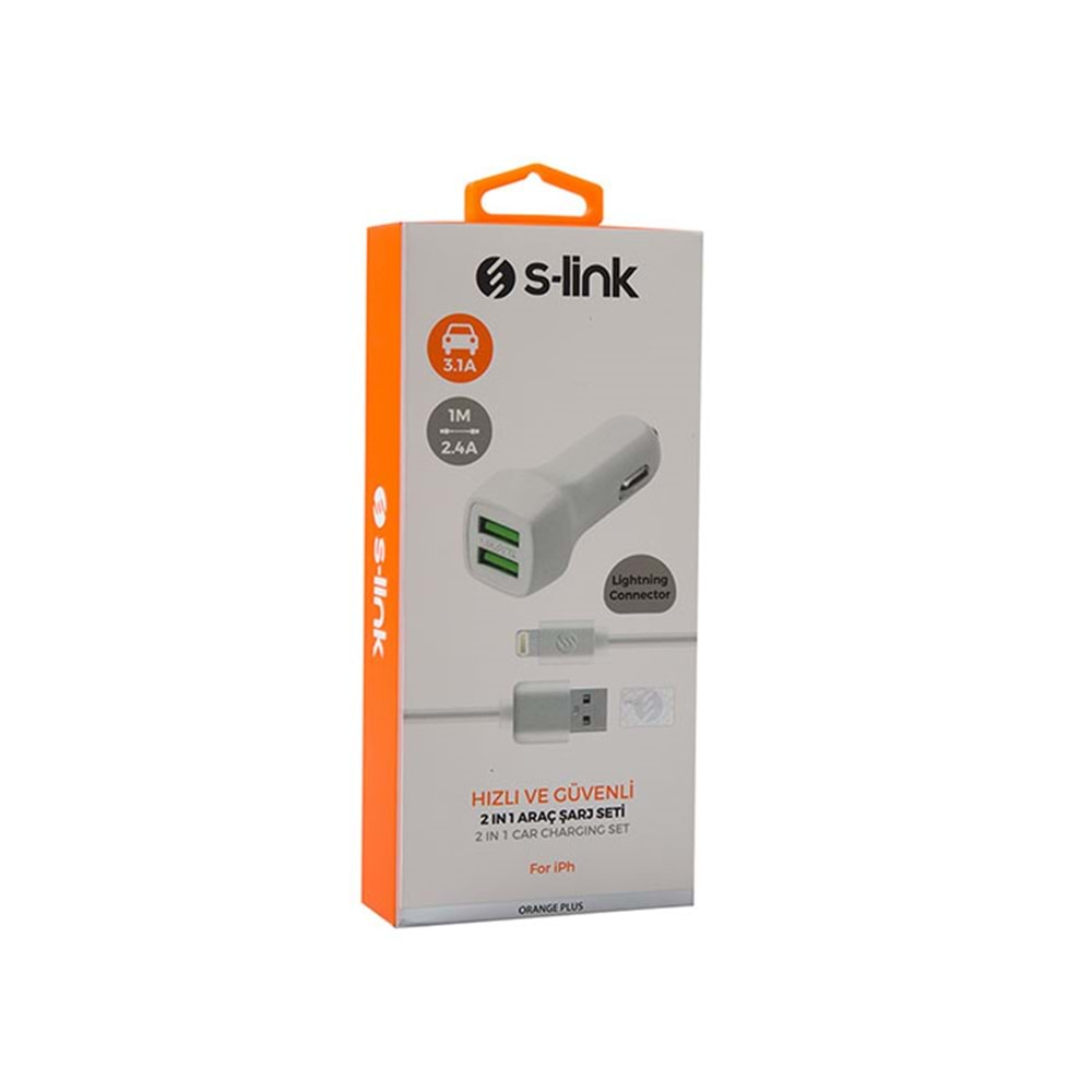 S-link IP-AC30B 5V 3.1A 2A Siyah Araç Sarj Cihazi ve Beyaz Lightning Data + Sarj Kablosu