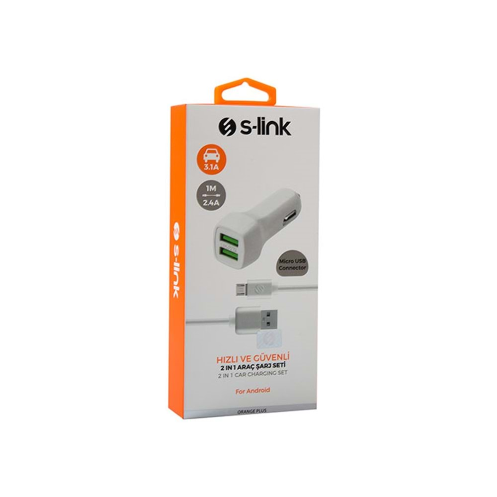 S-link AND-AC30B 5V 3.1A 2A Araç Sarj Cihazi Beyaz Micro USB Data + Sarj Kablosu