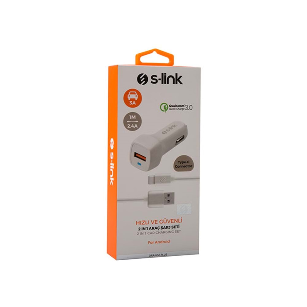 S-link TPC-ACQC30B Qualcomm 3.0 2.4A Type-C Araç Şarj Cihazı Data + Sarj Kablosu