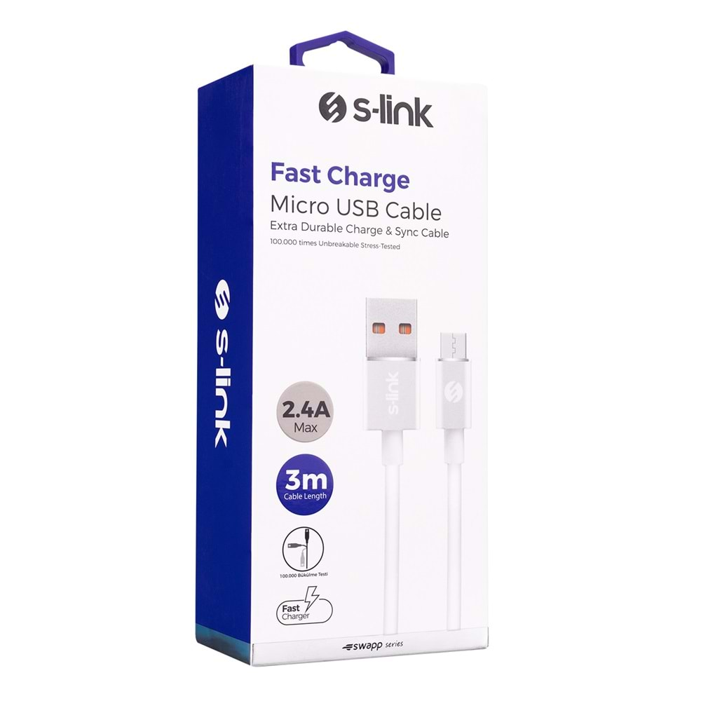 S-link Swapp SW-C509 3m 2.4A Usb to Micro Usb Beyaz Data + Sarj Kablosu