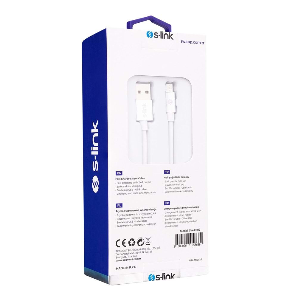 S-link Swapp SW-C509 3m 2.4A Usb to Micro Usb Beyaz Data + Sarj Kablosu