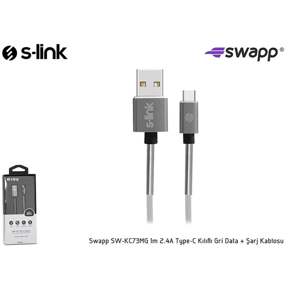 S-link Swapp SW-KC73MG 1m 2.4A Type-C Kılıflı Gri Data + Şarj Kablosu