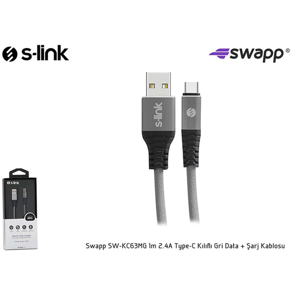 S-link Swapp SW-KC63MG 1m 2.4A Type-C Kılıflı Gri Data + Şarj Kablosu