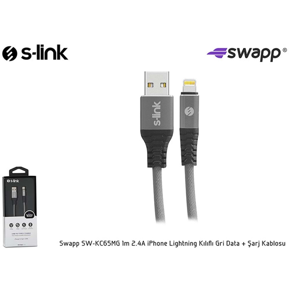 S-link Swapp SW-KC65MG 1m 2.4A iPhone Lightning Kılıflı Gri Data + Şarj Kablosu