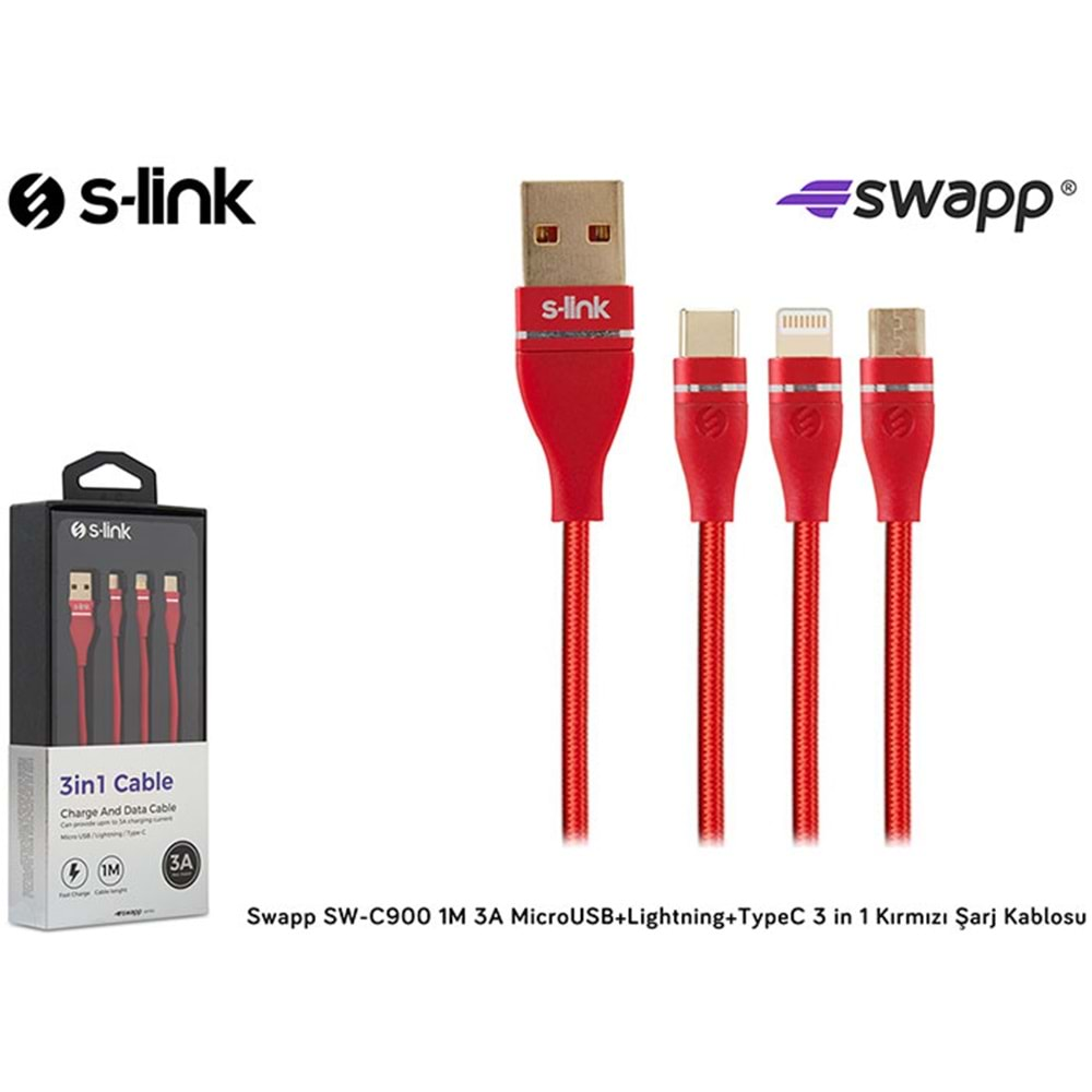 S-link Swapp SW-C900 1M 3A MicroUSB+Lightning+TypeC 3 in 1 Kırmızı Şarj Kablosu