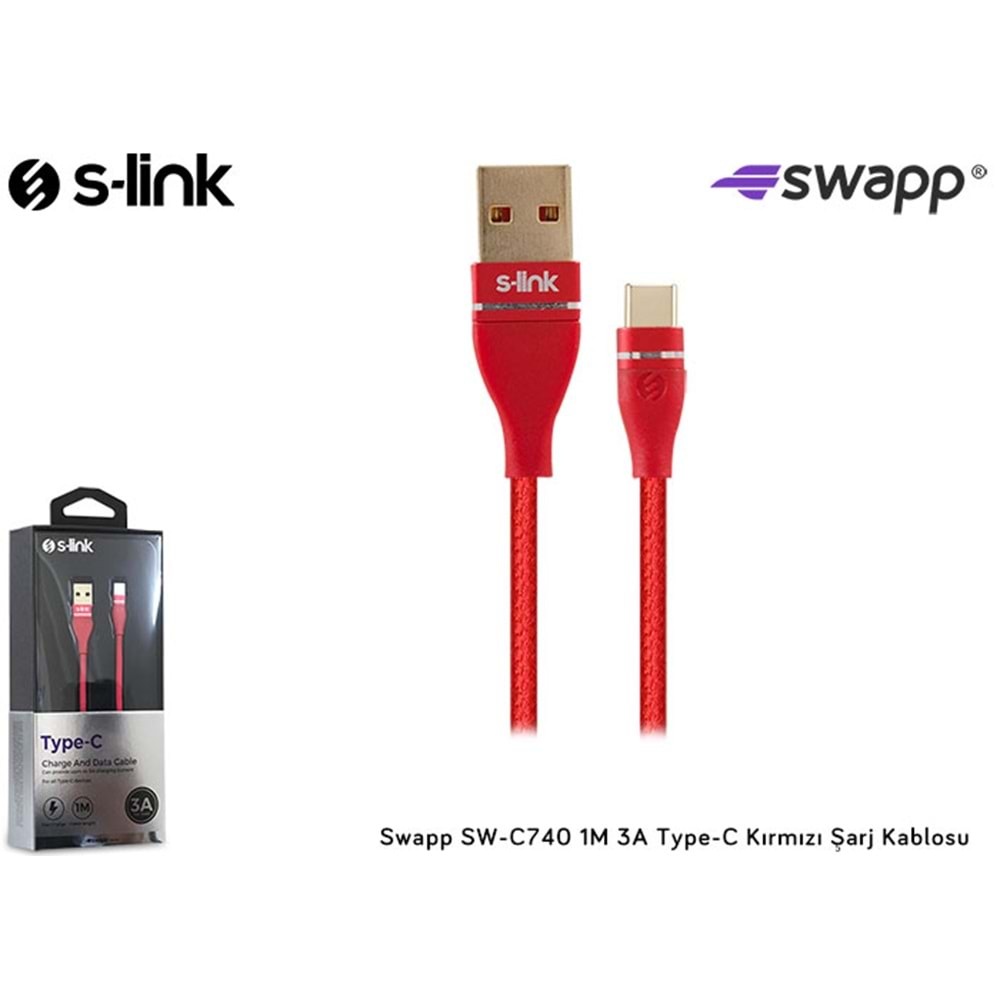 S-link Swapp SW-C740 1M 3A Type-C Kırmızı Şarj Kablosu