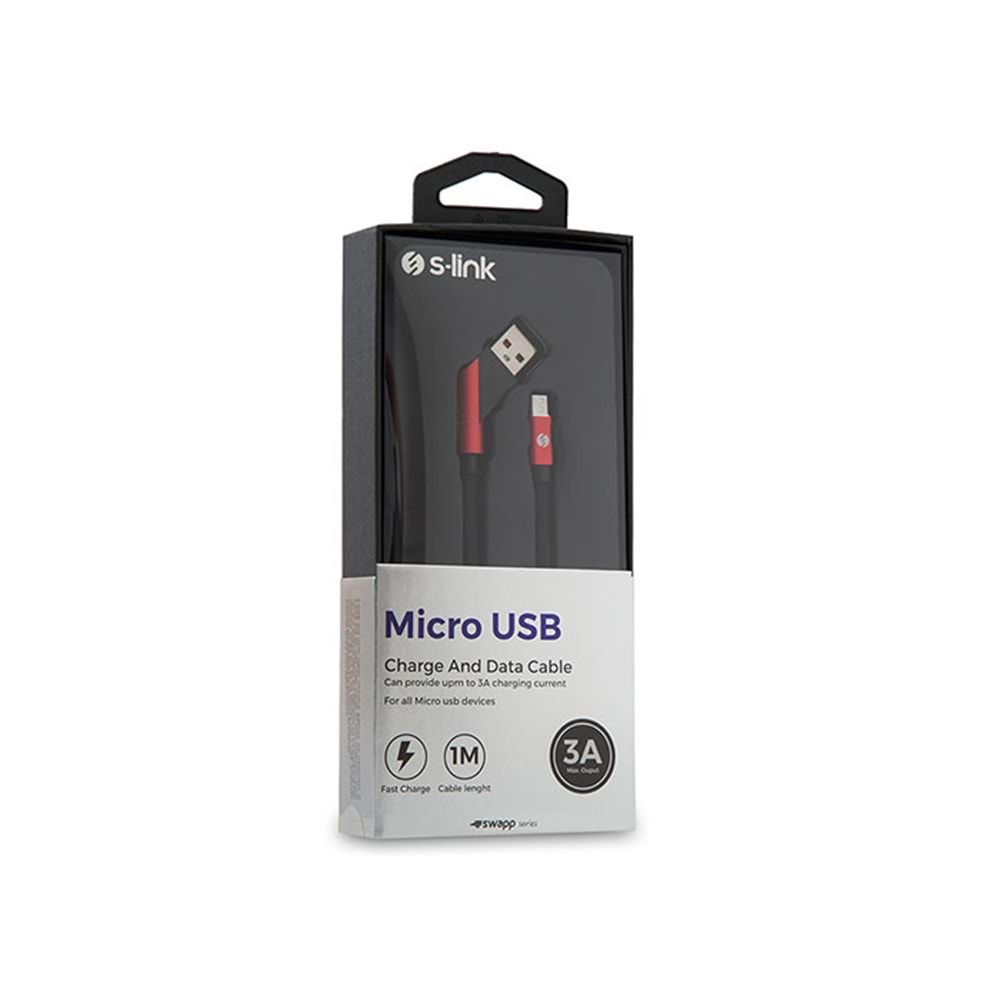 S-link Swapp SW-C570 1M 3A Micro Usb Çapraz Uçlu Siyah/Kırmızı Şarj Kablosu