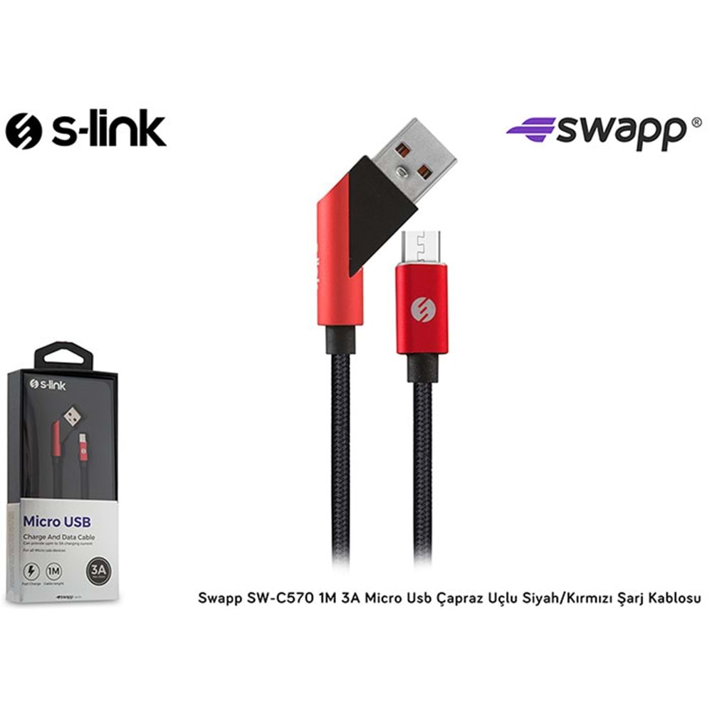 S-link Swapp SW-C570 1M 3A Micro Usb Çapraz Uçlu Siyah/Kırmızı Şarj Kablosu