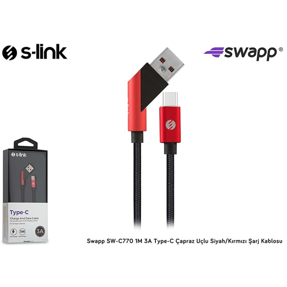 S-link Swapp SW-C770 1M 3A Type-C Çapraz Uçlu Siyah/Kırmızı Şarj Kablosu