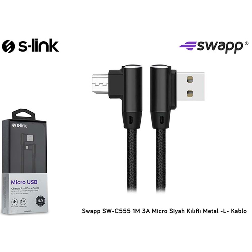 S-link Swapp SW-C555 1M 3A Micro Siyah Kılıflı Metal -L- Kablo