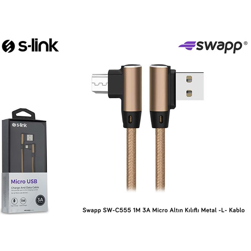 S-link Swapp SW-C555 1M 3A Micro Altın Kılıflı Metal -L- Kablo