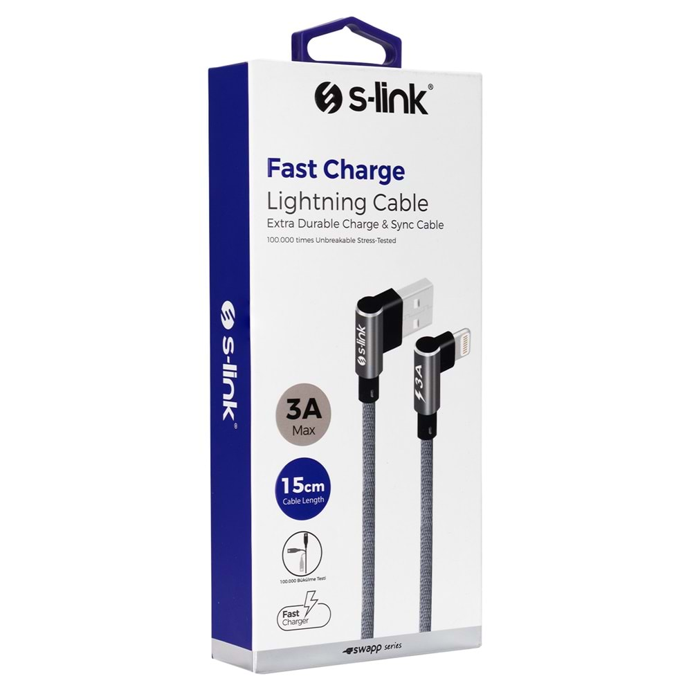 S-link Swapp SW-C657 3A - 15cm İPhone Lightning Gri Kılıflı Metal -L- Kablo