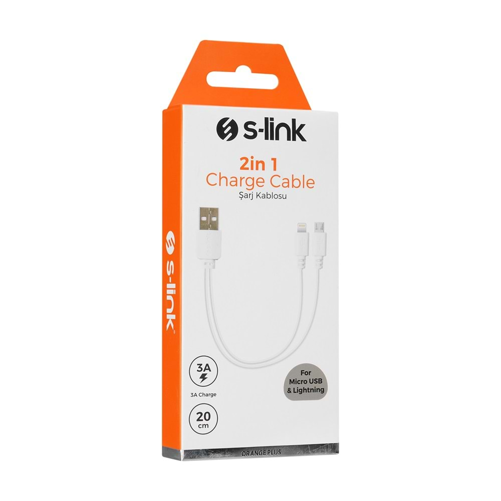 S-link IP-KC05B 2İN1 20cm 3A USB Lightning + MİCRO Beyaz Şarj Kablosu