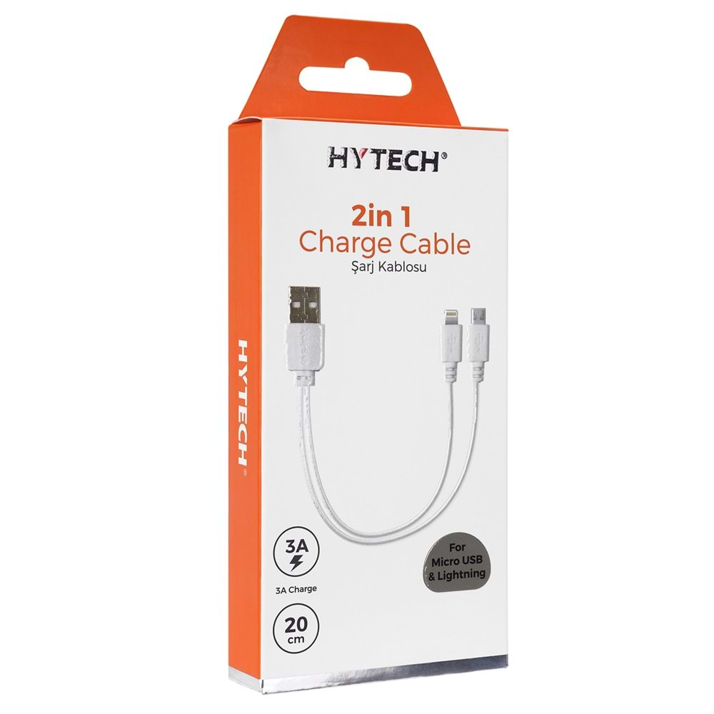 Hytech HY-X114 2İN1 20cm 3A USB Lightning + MİCRO Beyaz Şarj Kablosu