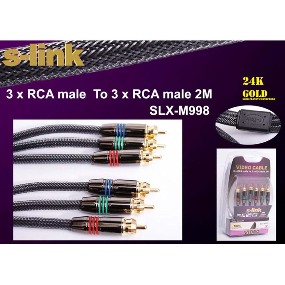 S-link SLX-M998 2m Gold Kılıflı 3lü RCA Video Kablo