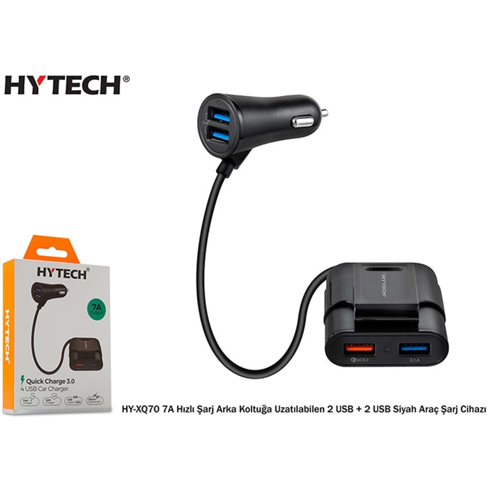 Hytech HY-XQ70 Arka Koltuğa Uzatılabilen 7A Hızlı Şarj 2 USB + 2 USB Siyah Araç Şarj Cihazı