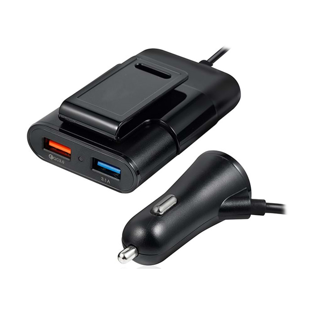 Hytech HY-XQ70 Arka Koltuğa Uzatılabilen 7A Hızlı Şarj 2 USB + 2 USB Siyah Araç Şarj Cihazı