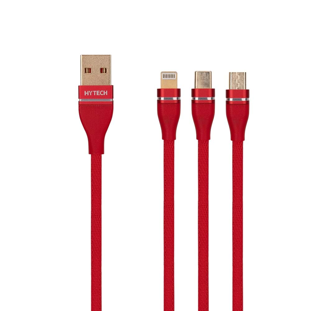 Hytech HY-X505 1.2M 3A MicroUSB+Lightning+TypeC 3 in 1 Kırmızı Şarj Kablosu