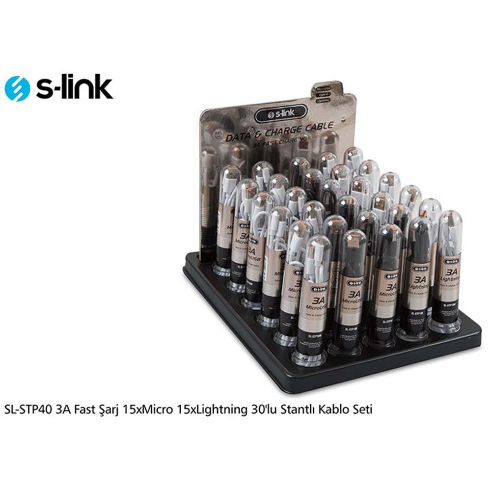 S-link SL-STP40 3A Fast Şarj 15xMicro 15xLightning 30lu Stantlı Kablo Seti