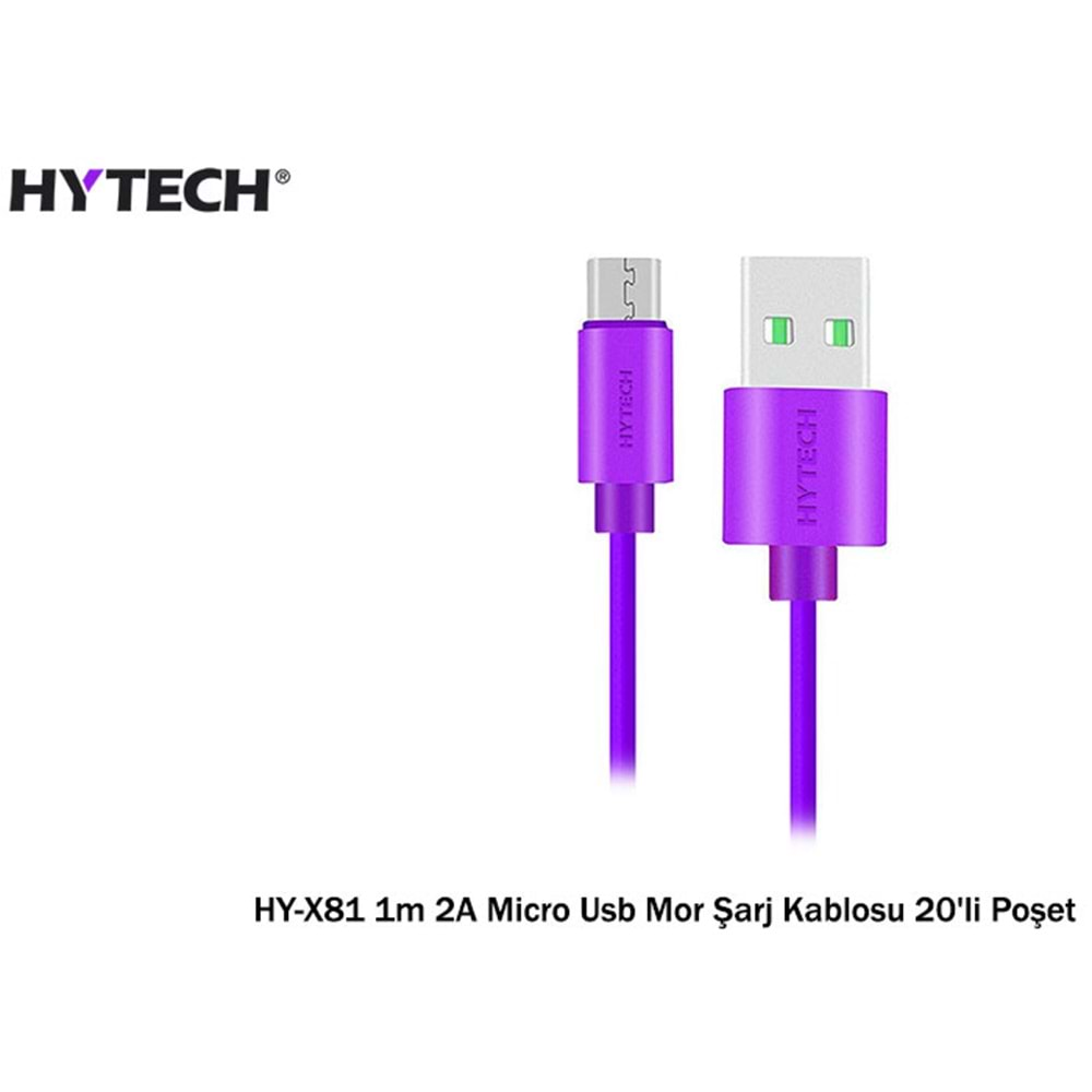 Hytech HY-X81 1m 2A Micro Usb Mor Şarj Kablosu Poşetli