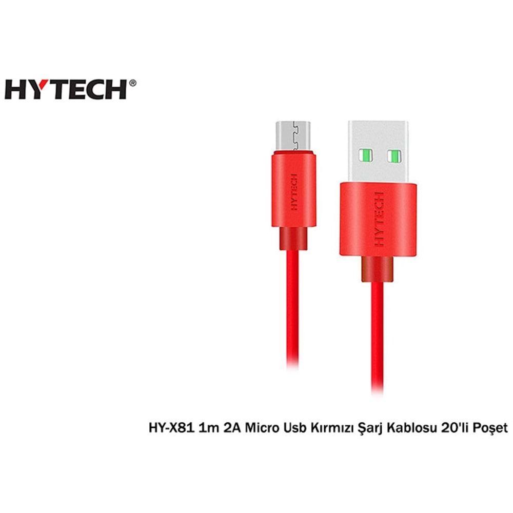 Hytech HY-X81 1m 2A Micro Usb Kırmızı Şarj Kablosu Poşetli