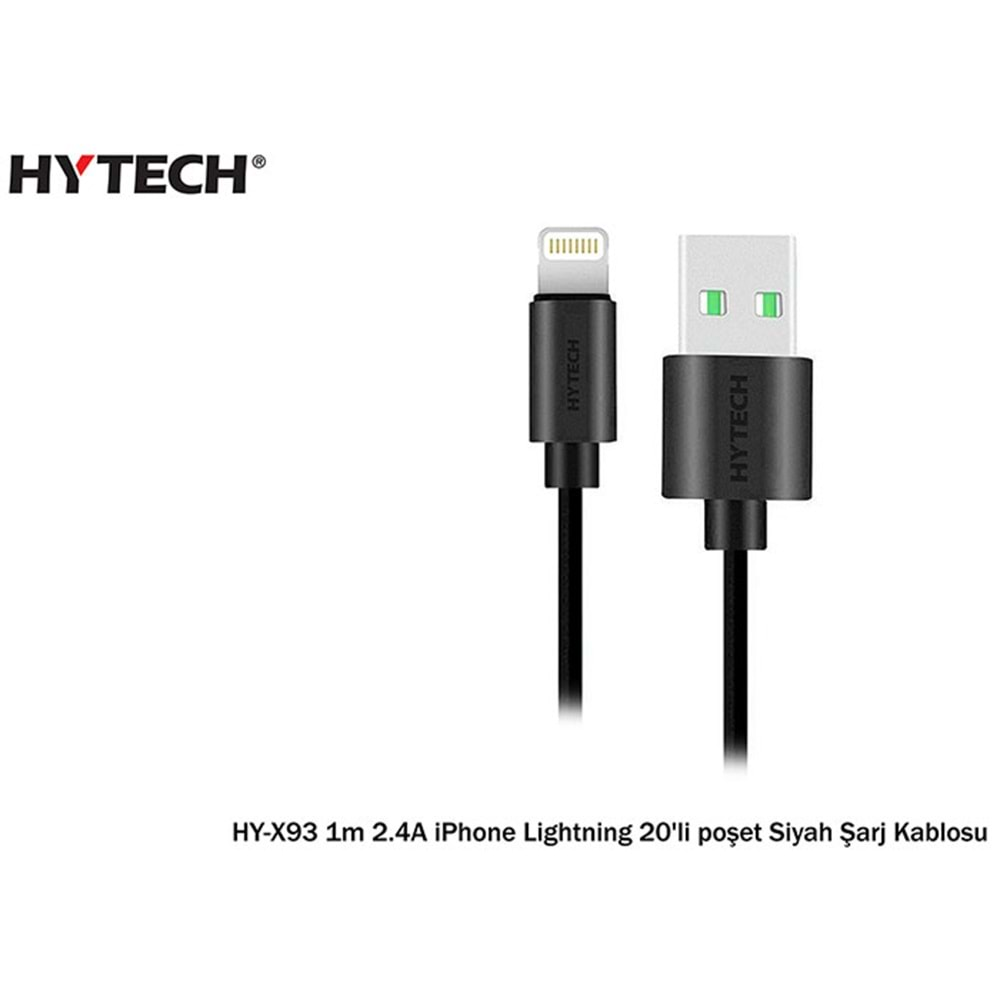 Hytech HY-X93 1m 2.A iPhone Lightning 20 li Poşetli Siyah Şarj Kablosu