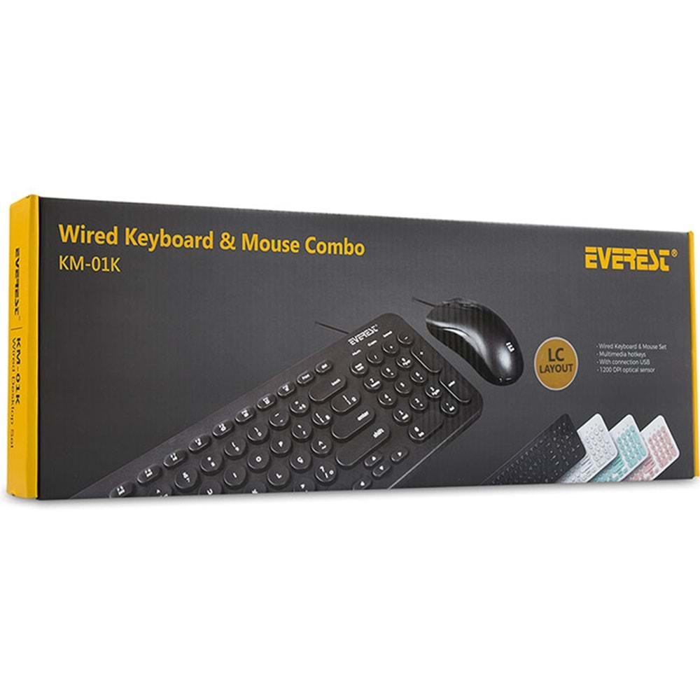 Everest KM-01K Turkuaz Usb Yuvarlak Tuşlu 3D Mouse Combo LC Layout Klavye + Mouse Set