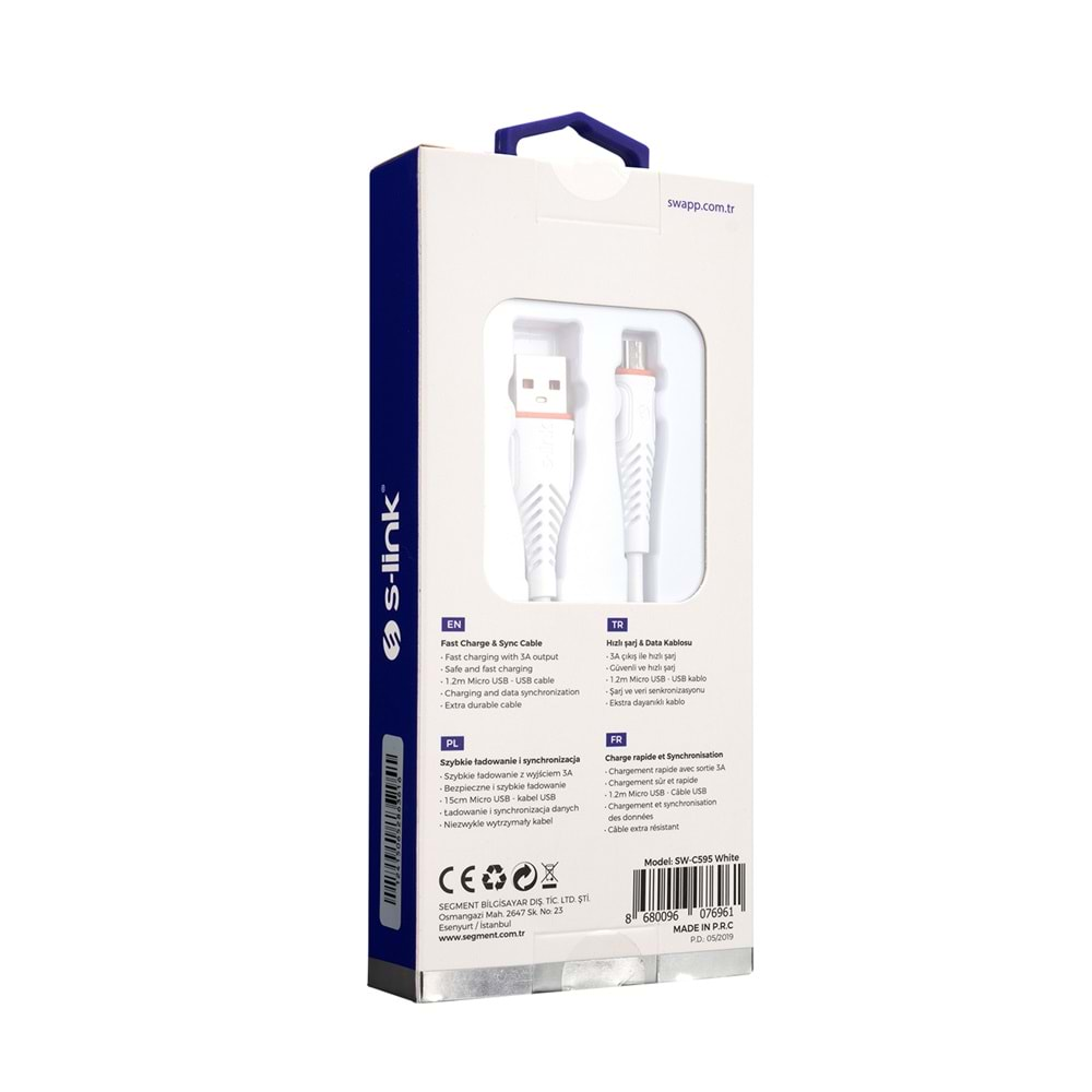 S-link Swapp SW-C595 1.2M 3A Micro Usb Beyaz Şarj Kablosu