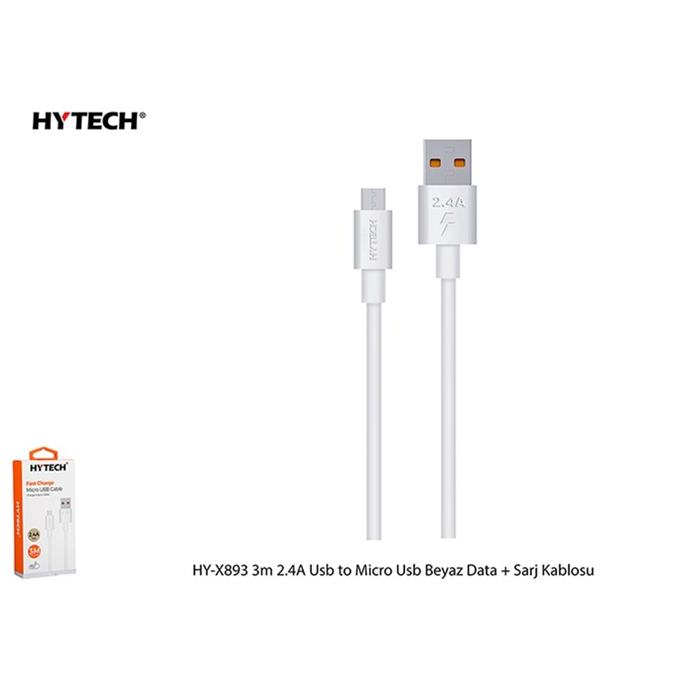 Hytech HY-X893 3m 2.4A Usb to Micro Usb Beyaz Data + Sarj Kablosu