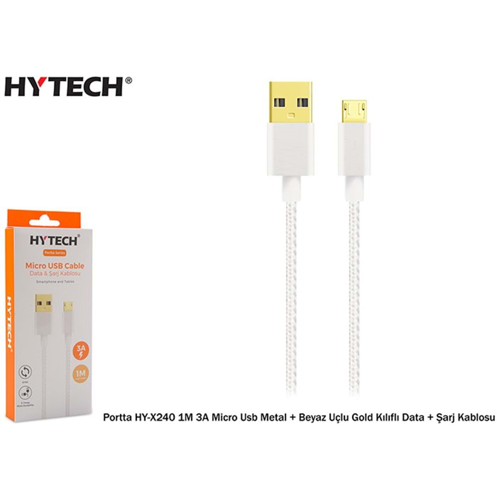 Hytech Portta HY-X240 1M 3A Micro Usb Kılıflı Beyaz Data + Şarj Kablosu