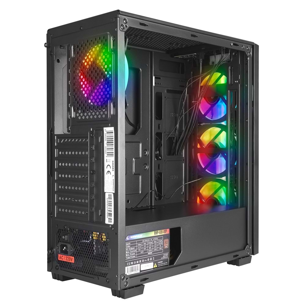 Rampage SHAKE Temper Camlı 600W 80 Plus Bronze Siyah 4*12cm RGB Fanlı RGB Şeritli Gaming Oyuncu Kasası