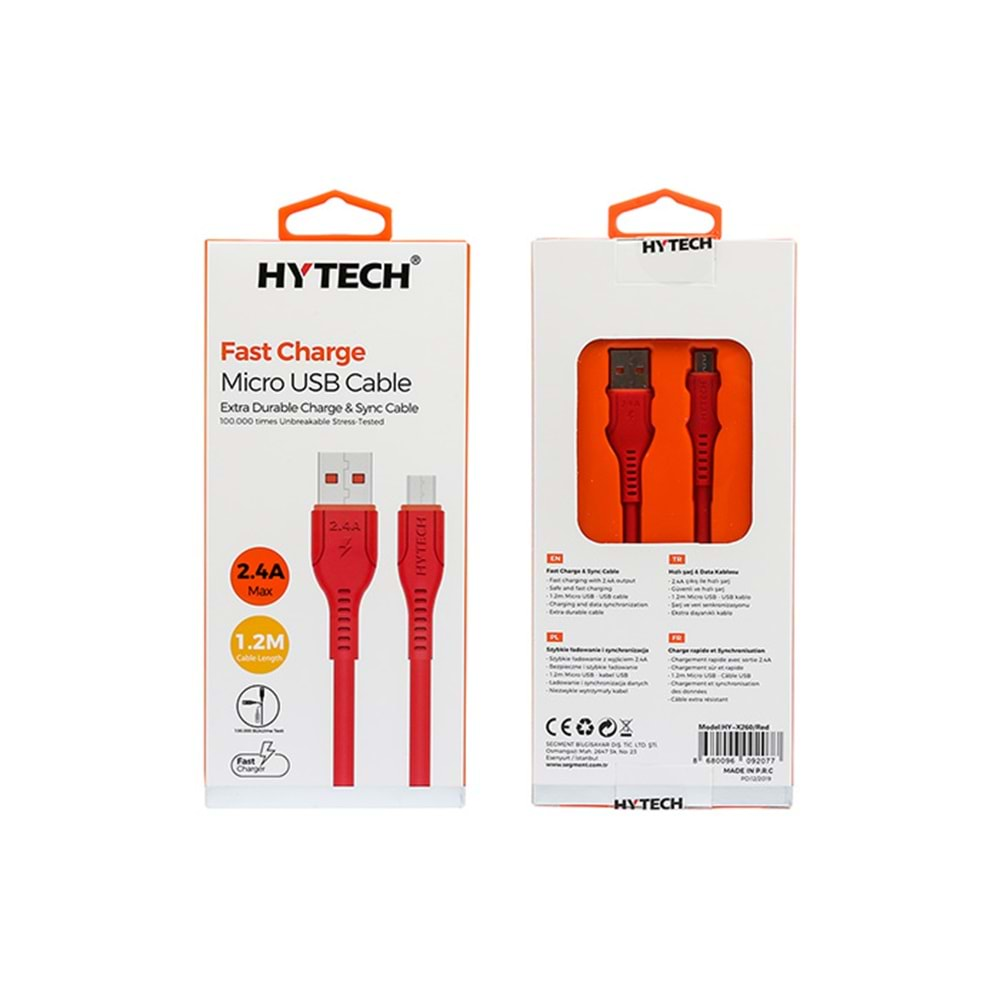 Hytech HY-X260 2.4A Micro Usb 20li Kutu 6*Beyaz 6*Siyah 4*Kırmızı 4*Mavi Şarj Kablosu