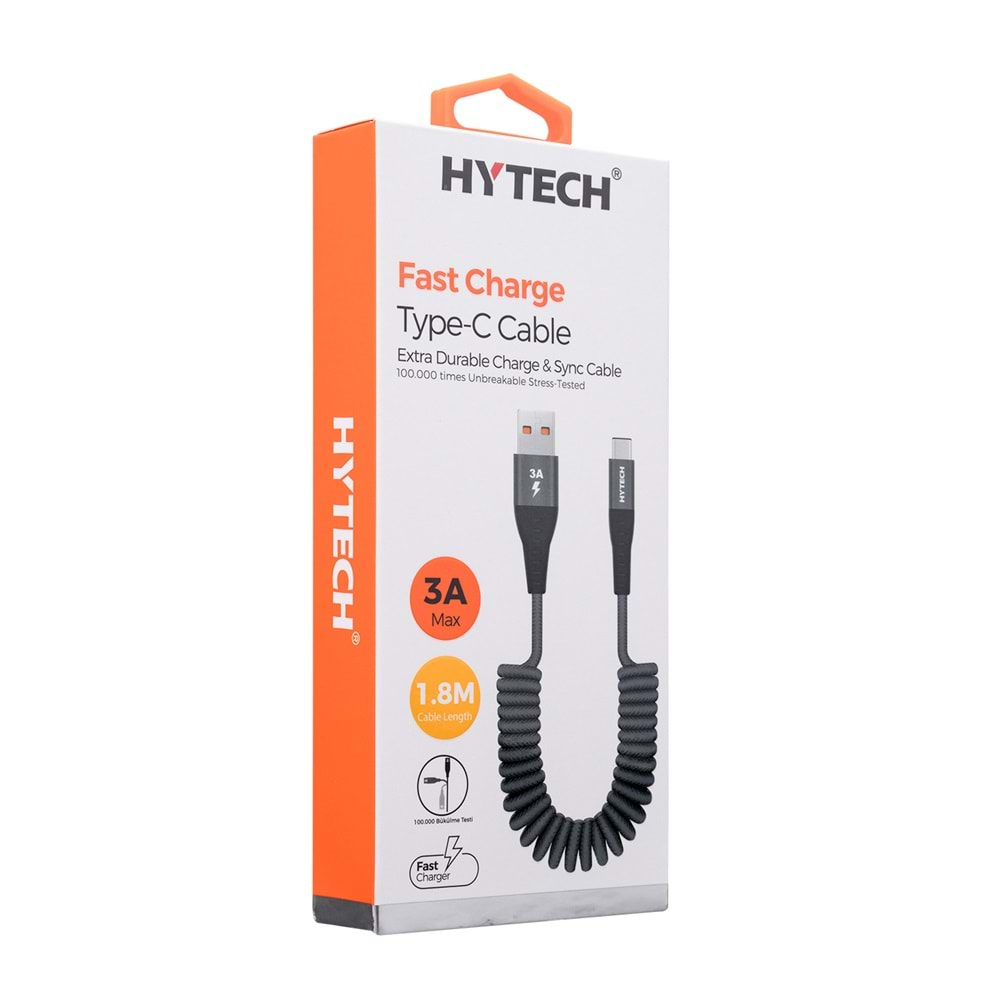 Hytech HY-X470 1.8m 3A Type-C Spiral Kılıflı Gri Data + Sarj Kablosu