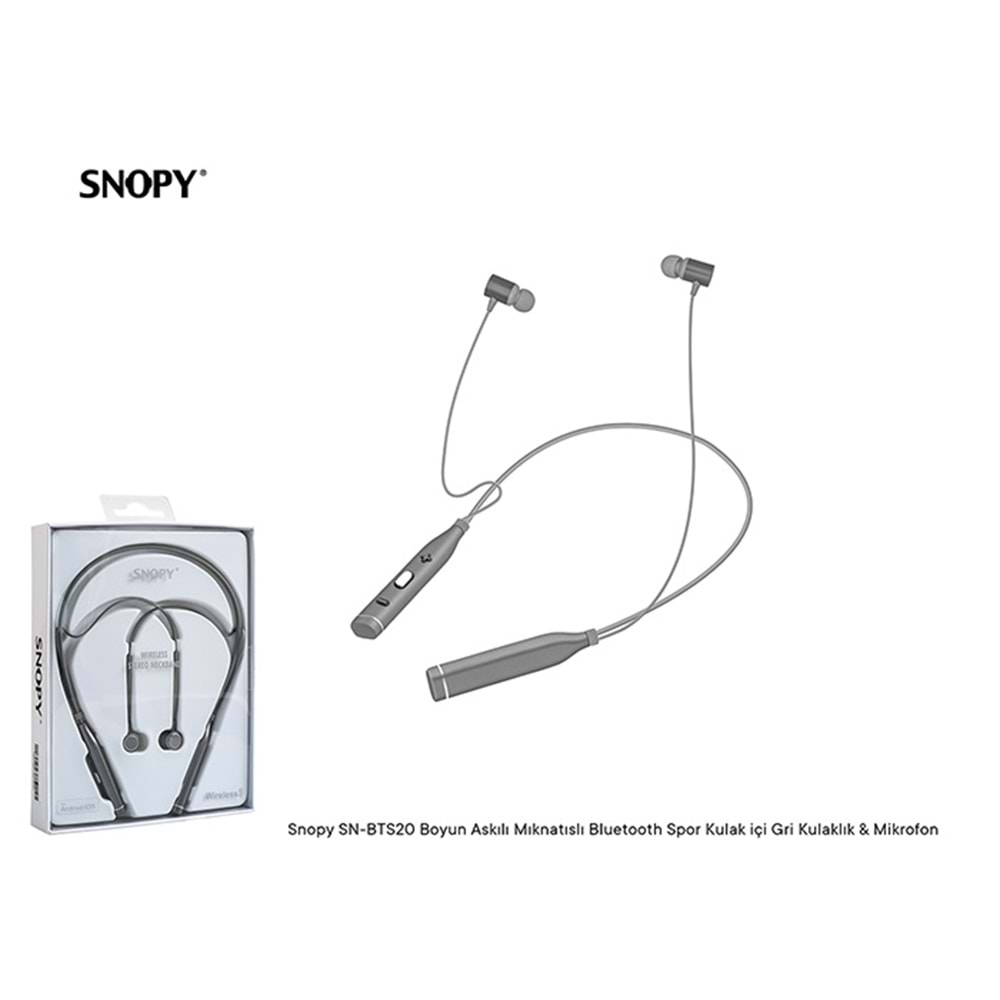 Snopy SN-BTS20 Gri Boyun Askılı Mıknatıslı Bluetooth Spor Kulak içi Kulaklık Mikrofon