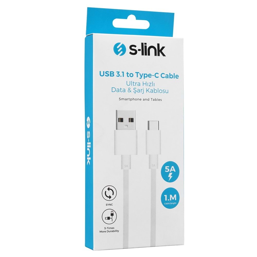 S-link SW-C797 5A Usb 3.1 to Type-C 1m Beyaz Süper Hızlı Data+Şarj Kablosu