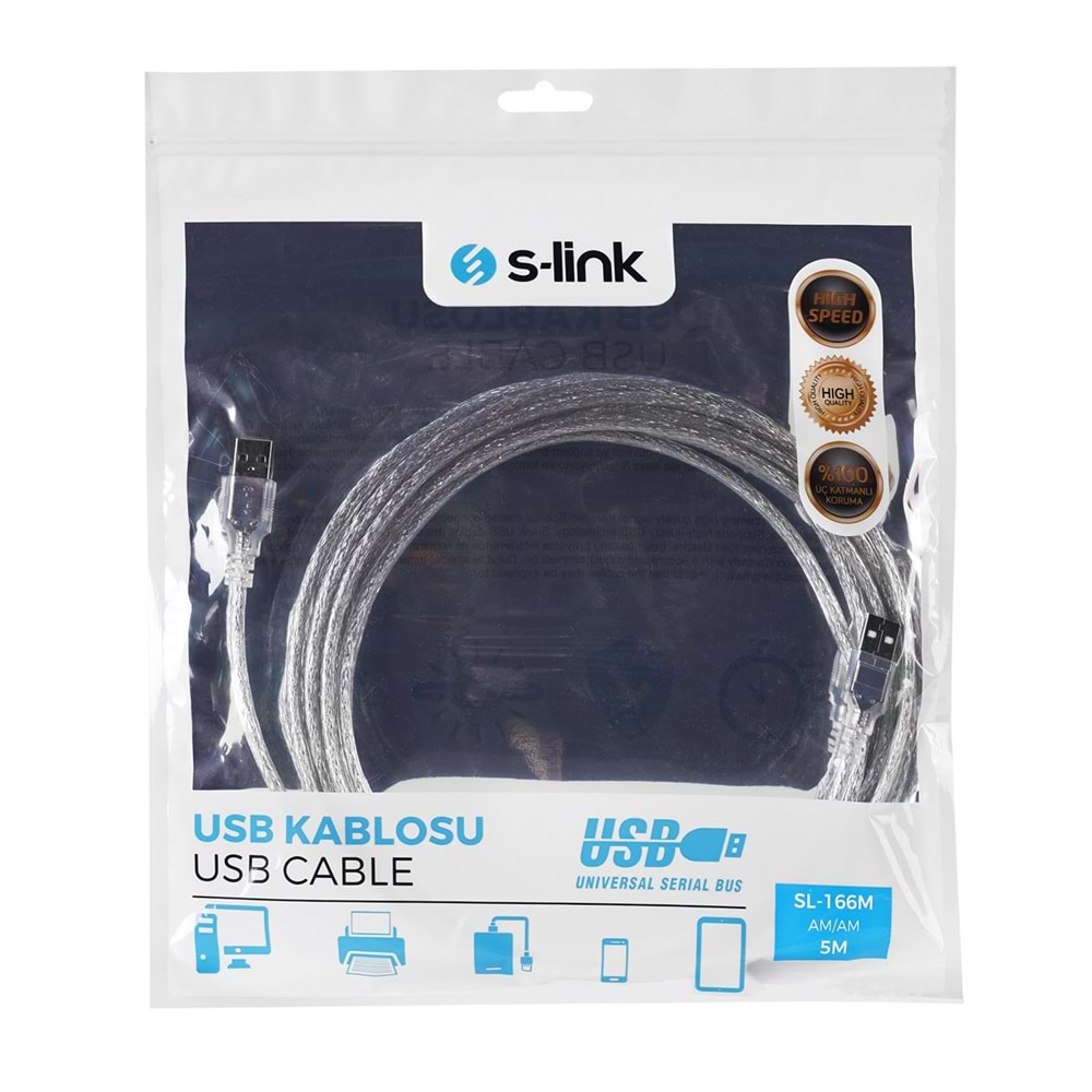 S-link SL-166M Usb AM TO AM 5m Şeffaf Kablo