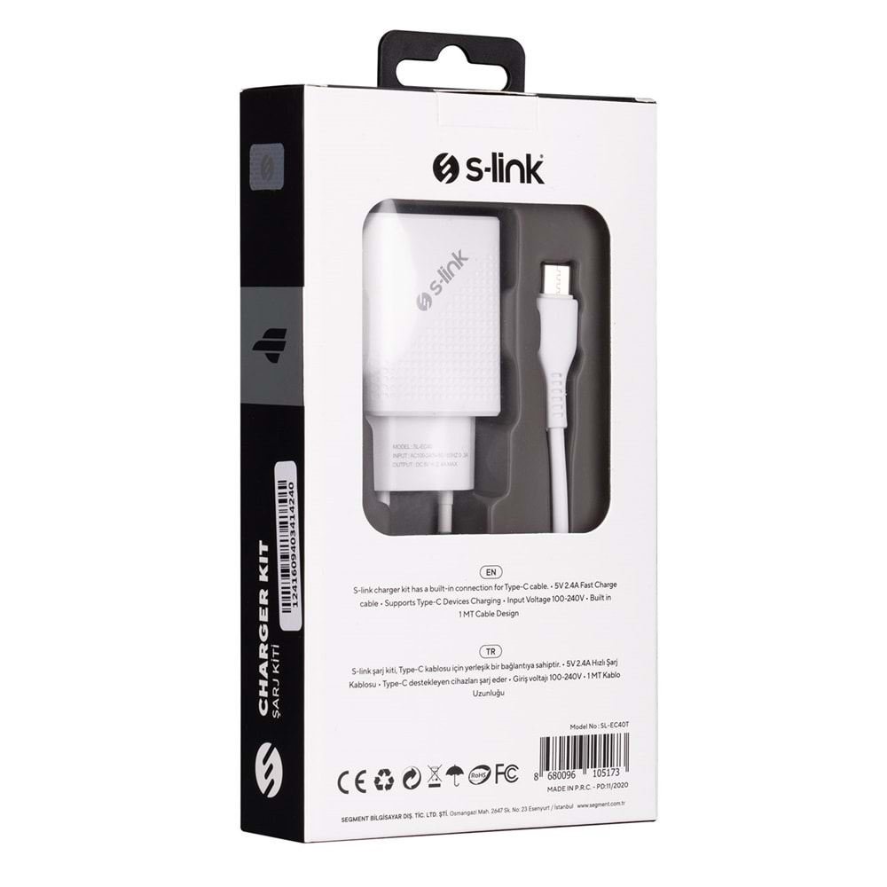 S-link SL-EC40T Type-C Kablolu 5V 2400MA Beyaz Ev Şarj Adaptörü