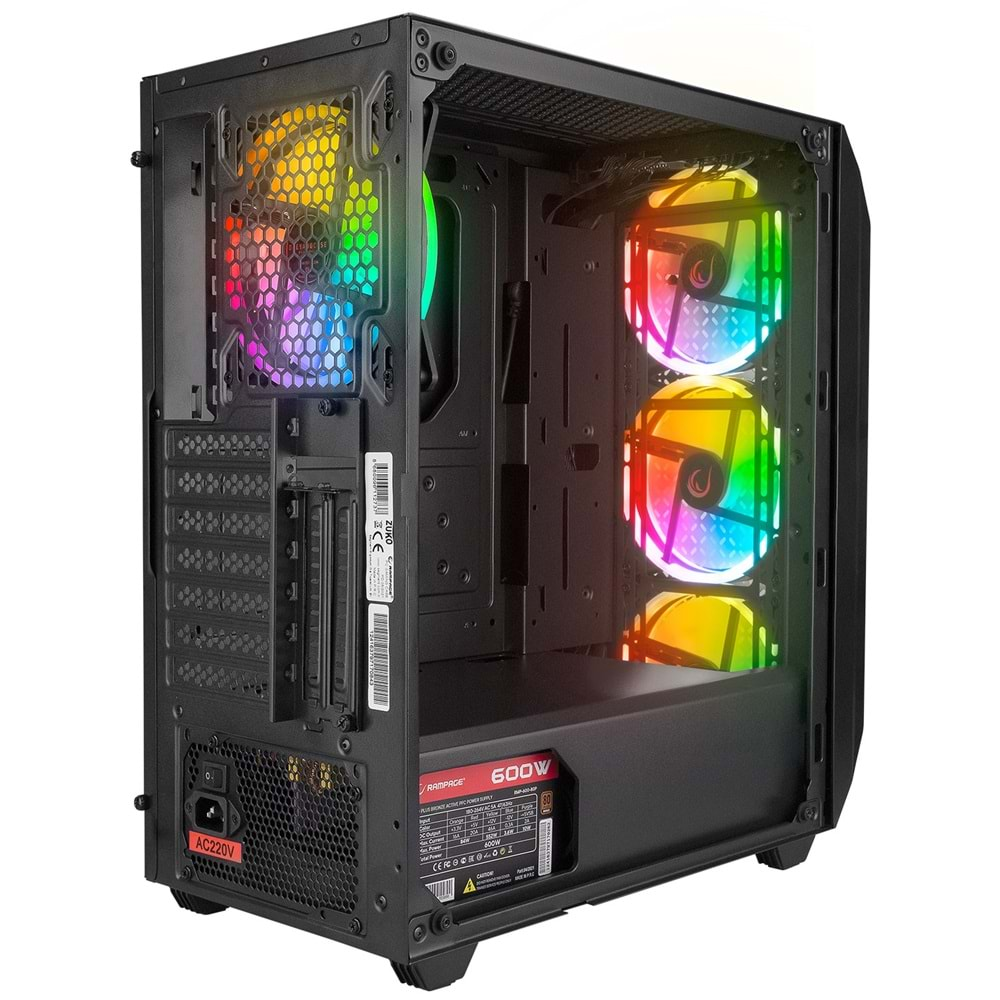 Rampage ZUKO 600W 80+ BRONZE Siyah 4*14cm Rainbow Temperli Camlı ATX Mid-T Gaming Oyuncu Kasası