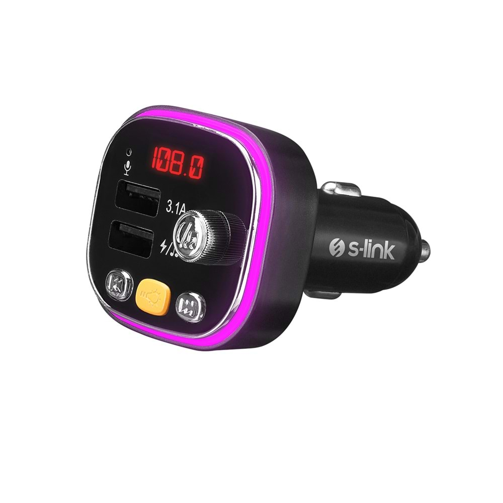 S-link SL-BT306 Çift USB 5V 3.1A Rainbow Işıklı Led Ekran TF Kartlı V5.0 Bluetooth Fm Transmitter