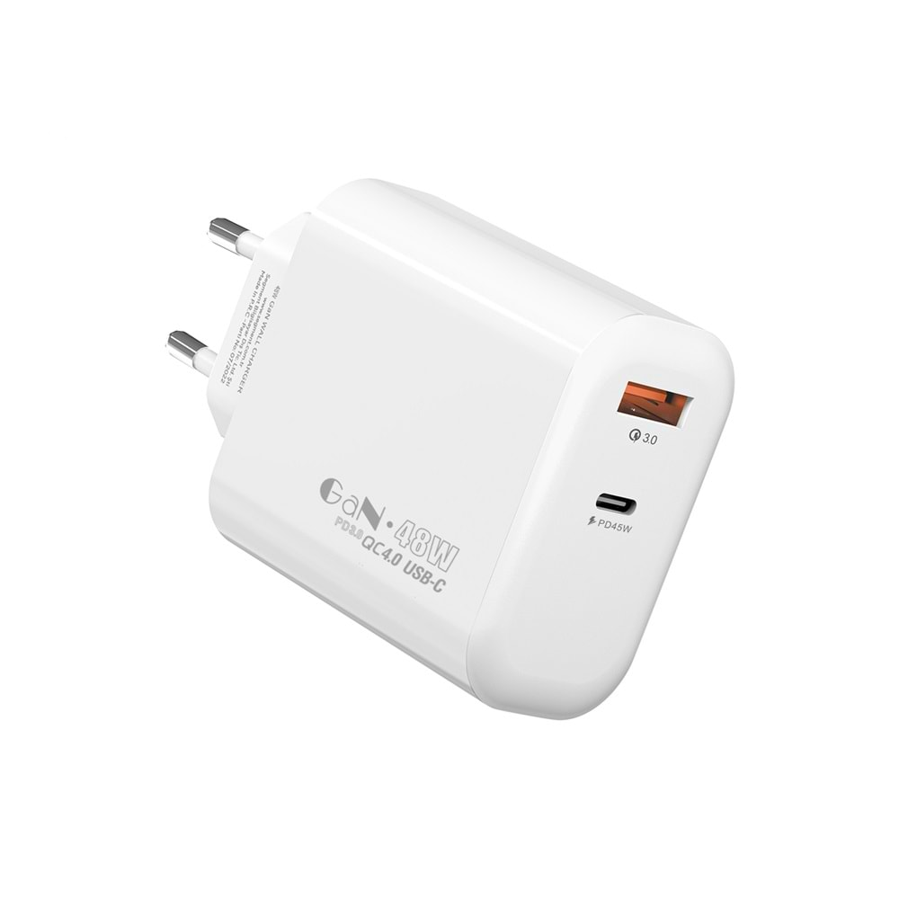 S-link SL-EC68 45W GAN PD 30W / QC 18W Type Type USB-C +USB A Hızlı Beyaz EV/NOTEBOOK Şarj Adaptör