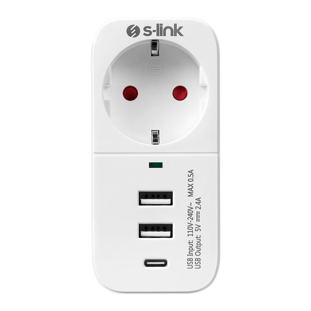 S-link SL-011 16A/250V 750 Joule 2 Usb 1 Type C 5V2.4A Isıya Duyarlı Devre ve Akım Korumalı Tekli Priz